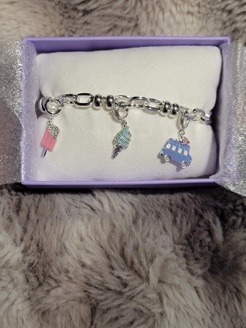 Silver Charm Bracelet with Pink Popsicle, Mint Ice Cream Cone & Blue Bus Charms
